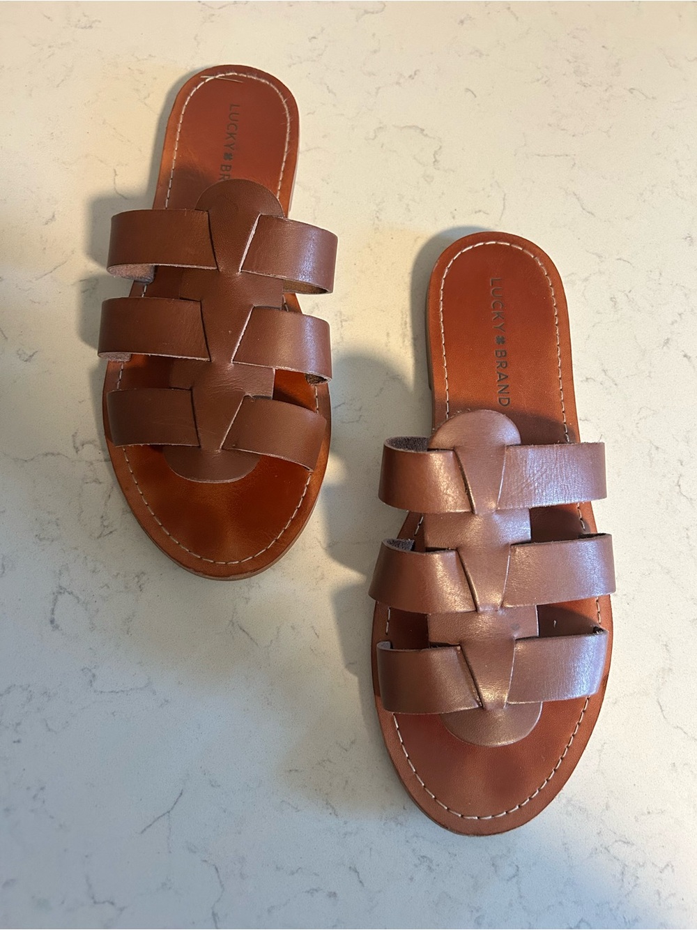 🍀 Lucky Brand Aisha Dark Leather Woven Slide Sandals In Dark Brown